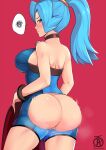 1girl ass ass_cutout blue_bodysuit blue_eyes blush bodysuit bouncing_ass bracelet breasts brown_choker cape choker clair_(pokemon) closed_mouth clothing_cutout commentary english_commentary from_behind gym_leader hair_tie holding holding_cape jewelry light_blue_hair long_hair looking_back motion_blur pokemon pokemon_(game) pokemon_hgss ponytail pussy pussy_juice revolverwing shoulder_blades solo spoken_squiggle squiggle steam sweatdrop tied_hair watermark 