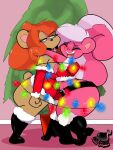  2019 3:4 anthro belt big_breasts big_butt bimbette blush boots breasts brown_body brown_fur butt christmas christmas_clothing christmas_lights cleavage clothed clothing curvy_figure detailed_background digital_media_(artwork) duo entangled eyes_closed eyeshadow female fist footwear fur hair hi_res holidays hourglass_figure hug huge_breasts huge_butt inkit89 julie_bruin makeup mammal mephitid midriff orange_hair pink_body pink_fur side_boob skunk smile teeth thick_thighs tiny_toon_adventures tongue under_boob ursid voluptuous warner_brothers white_hair wide_hips 