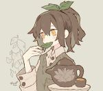  1girl bangs blush brown_hair buttons cup dated english_commentary eyebrows_visible_through_hair green_background green_vest hair_between_eyes hair_ribbon leaf long_hair long_sleeves melanbread orange_eyes original ponytail ribbon shirt signature simple_background solo tea tea_leaves teapot vest 