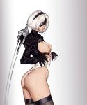 1girl absurdres ass black_blindfold black_hairband blindfold breasts breasts_outside brown_legwear cowboy_shot dulapda from_side grey_background hairband highres leotard lips medium_breasts nier_(series) nier_automata nipples nose short_hair simple_background solo sword sword_behind_back thighhighs weapon white_hair white_leotard yorha_no._2_type_b 
