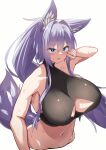  1girl animal_ear_fluff animal_ears armpit_peek bangs bare_shoulders blue_eyes blush breasts cleavage_cutout clothing_cutout collarbone cropped_torso eyebrows_visible_through_hair fang fox_ears hair_between_eyes halterneck highres huge_breasts indigo_(tylwing) long_hair midriff navel open_mouth original ponytail purple_hair sidelocks simple_background solo sports_bra stomach sweat tail tylwing white_background 