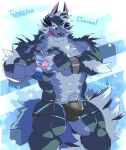  abs absurd_res anthro blue_body blue_fur bulge canid canine canis clawlion clothing fur heart_gesture hi_res long_tongue male mammal muscular muscular_anthro muscular_male pecs solo thick_thighs thong tindalos_(tas) tokyo_afterschool_summoners tongue underwear video_games wolf 