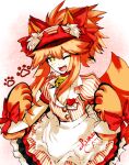  1girl alternate_costume animal_ear_fluff animal_ears artist_request bell breasts cat_paws cleavage collar eyebrows_visible_through_hair fangs fate/grand_order fate_(series) fox_ears fox_girl fox_tail gloves hair_ribbon highres jingle_bell large_breasts long_hair looking_at_viewer neck_bell one_eye_closed open_mouth paw_gloves paws pink_hair ponytail red_ribbon ribbon solo tail tamamo_(fate)_(all) tamamo_cat_(fate) yellow_eyes 