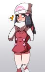  1girl ^^^ arms_behind_back beanie black_hair blush coat commentary dawn_(pokemon) eyelashes gradient gradient_background grey_eyes hair_ornament hairclip hat legs_together long_hair omoitsuka open_mouth outline over-kneehighs pokemon pokemon_(game) pokemon_dppt pokemon_platinum red_coat scarf shiny shiny_skin sidelocks sideways_glance solo sweat thighhighs white_headwear white_legwear white_scarf 