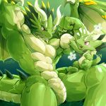  1:1 2019 absurd_res anthro biceps chibi cygames digital_media_(artwork) dragalia_lost dragon duo flexing flower green_body green_hair hair hi_res male midgardsormr_(dragalia_lost) mini_mids_(dragalia_lost) muscular muscular_anthro muscular_male nintendo plant red_eyes scales scalie spiked_tail spikes spikes_(anatomy) video_games waddledox wings 