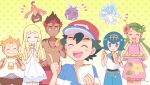  3boys 3girls alolan_form alolan_sandslash artist_name ash_ketchum bangs baseball_cap belt blonde_hair blue_eyes blue_hair blue_pants blush blush_stickers braid brown_pants capri_pants closed_eyes closed_mouth commentary_request dark_skin dark_skinned_male dress eating eyelashes flower food food_on_face gen_1_pokemon gen_6_pokemon gen_7_pokemon gourgeist green_hair hair_flower hair_ornament hairband hand_up hat highres holding holding_tray jewelry kiawe_(pokemon) lana_(pokemon) lillie_(pokemon) long_hair mallow_(pokemon) mei_(maysroom) multiple_boys multiple_girls necklace notice_lines open_mouth orange_hair outline pants pink_flower pokemon pokemon_(anime) pokemon_sm_(anime) sailor_collar sandwich shirt shirtless short_hair short_sleeves shorts smile sophocles_(pokemon) striped striped_shirt sweatdrop teeth tongue tray twin_braids twintails venonat white_dress white_shirt |d 