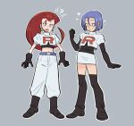  1boy 1girl baggy_pants belt blue_eyes blue_hair bodysuit boots confused cosplay costume_switch crop_top earrings elbow_gloves gloves green_eyes grey_background image_sample james_(pokemon) jessie_(pokemon) jewelry kiana_mai knee_boots long_hair midriff navel pants pokemon pokemon_(anime) red_hair short_sleeves skirt smile team_rocket team_rocket_uniform thighs twitter_sample 