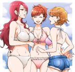  3girls :d bikini bikini_top blue_ribbon blue_shorts border breasts brown_eyes brown_hair cleavage cowboy_shot dan_(toupe) day denim denim_shorts facing_viewer frilled_bikini frills groin hair_between_eyes half-closed_eyes halterneck hand_on_another&#039;s_hip kirijou_mitsuru large_breasts long_hair looking_down medium_breasts multiple_girls navel open_mouth orange_hair outdoors outside_border persona persona_3 pink_bikini red_eyes red_hair ribbon shiny shiny_hair shiomi_kotone short_hair short_shorts shorts shoulder_blades sideboob smile sweatdrop swimsuit takeba_yukari thigh_gap very_long_hair white_bikini white_border wrist_grab 