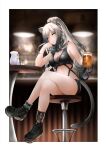  1girl alcohol animal_ears arknights bangs bare_arms bare_legs bare_shoulders beer beer_mug black_footwear breasts cat_ears commentary crop_top cup full_body hand_up highres indoors long_hair looking_at_viewer medium_breasts midriff mug noir_(4chan) schwarz_(arknights) shoes silver_hair sitting sleeveless smile solo stomach stool thighs yellow_eyes 