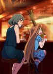  2girls bar black_eyes black_skirt blue_dress brown_hair charlotta_fenia closed_eyes cocktail_glass crossover crown cup dress drinking_glass drinking_straw granblue_fantasy idolmaster idolmaster_cinderella_girls long_hair multiple_girls open_mouth orange_hair pointy_ears puffy_short_sleeves puffy_sleeves short_sleeves skirt sparkle stool takagaki_kaede tall_crown uzuki_noboru_(denchuu_shoujo) 