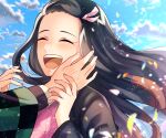  1girl :d black_hair blue_sky brown_hair closed_eyes cloud floating_hair hair_ribbon hand_on_another&#039;s_cheek hand_on_another&#039;s_face haori japanese_clothes kamado_nezuko kimetsu_no_yaiba kimono long_hair long_sleeves mady_(madine08260) multicolored_hair open_mouth pink_kimono pink_ribbon ribbon sky smile solo solo_focus two-tone_hair upper_body very_long_hair 
