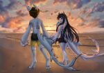  3_toes 4_fingers anthro beach black_hair breasts clothed clothing day detailed_background duo feet female fingers hair hi_res jay-kuro male outside sand seaside shoreline sky smile toes water 