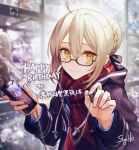  1girl ahoge artoria_pendragon_(fate) bangs blonde_hair braid cellphone coat earphones eyebrows_behind_hair eyebrows_visible_through_hair fate/grand_order fate_(series) hair_between_eyes hair_ribbon highres holding holding_earphones holding_phone looking_at_viewer mysterious_heroine_x_(alter)_(fate) mysterious_idol_x_(alter)_(fate) phone reaching_out ribbon scarf school_uniform siya_ho smartphone smile solo window yellow_eyes 