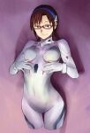  1girl absurdres bodysuit breasts brown_eyes brown_hair covered_navel cowboy_shot evangelion:_3.0+1.0_thrice_upon_a_time highres low_twintails makinami_mari_illustrious medium_breasts neon_genesis_evangelion plugsuit rebuild_of_evangelion semi-rimless_eyewear sidelocks smile solo twintails under-rim_eyewear uzuki_noboru_(denchuu_shoujo) white_bodysuit 