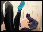  2girls black_border bodysuit border commentary_request gwen_stacy head_out_of_frame implied_yuri marvel multiple_girls peni_parker shoes skirt skirt_around_one_leg sneakers socks spider-gwen spider-man:_into_the_spider-verse spider-man_(series) superhero uzuki_noboru_(denchuu_shoujo) 