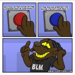  anthro black_lives_matter canid canine canis clothing comic domestic_dog male mammal meme politics shirt simple_background solo t-shirt text text_on_clothing text_on_shirt text_on_topwear toony topwear webcomic what yellow_eyes yellow_teeth zooptoon 