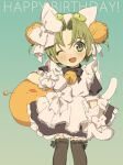  1girl animal_ears animal_hat apron bell black_legwear blue_bow bow bowtie cat_ears cat_hat cat_tail dejiko di_gi_charat dress gema glove_bow gradient gradient_background green_background green_eyes green_hair hair_bell hair_bow hair_ornament happy_birthday hat looking_at_viewer maid_apron mittens neck_bell one_eye_closed open_mouth ribbon sakurako short_hair smile solo tail thigh_ribbon thighhighs white_bow white_mittens white_tail 