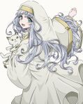  1girl animal azuki_(ckxs7444) beige_background blue_hair blush cat habit highres holding holding_animal index long_hair looking_at_viewer looking_back nun open_mouth robe simple_background solo sphinx_(index) toaru_majutsu_no_index white_headwear white_robe wide_sleeves 