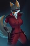  absurd_res anthro assassin&#039;s_creed canid canine canis clothing darkflamewolf fan_character female grin hi_res mammal mask murana_wolford_(darkflame-wolf) ondatra pinup pinup_pose pose smile smirk solo suit suit_symbol ubisoft video_games vigilante wolf 