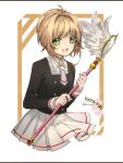  1girl :d antenna_hair bangs black_shirt blonde_hair border cardcaptor_sakura collared_shirt cropped_legs eyebrows_visible_through_hair green_eyes hair_intakes holding holding_staff kinomoto_sakura long_sleeves looking_at_viewer miniskirt necktie neva_(n_e_v_a) open_mouth pleated_skirt school_uniform shiny shiny_hair shirt short_hair short_necktie skirt smile solo staff tomoeda_elementary_school_uniform twitter_username white_border white_neckwear white_skirt wing_collar 