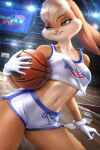  2021 anthro ayyasap ball basketball_(ball) basketball_court bottomwear clothing crowd female fur green_eyes group inside lagomorph leporid light lola_bunny looney_tunes mammal navel nba patreon rabbit shorts space_jam spalding spotlights text tunesquad uniform url warner_brothers 