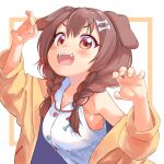  1girl :3 animal_ears arms_up bangs blush bone_hair_ornament braid breasts brown_eyes brown_hair buttons cartoon_bone claw_pose collarbone dog_ears dog_girl dress eyebrows_visible_through_hair fangs garun_wattanawessako hair_between_eyes hair_ornament hairclip highres hololive inugami_korone jacket long_hair looking_at_viewer low_twin_braids off_shoulder open_mouth outside_border smile solo twin_braids upper_teeth virtual_youtuber white_background white_dress yellow_jacket 