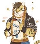 1boy ? animal_ears animal_print arrow_(symbol) bara brown_hair character_request commentary diamond_(shape) fingerless_gloves furry furry_male gloves holding hood hoodie joy-con leopard_boy leopard_ears leopard_print leopard_tail male_focus nekojishi orange_eyes pectoral_cleavage pectorals ring_fit_adventure snake_tattoo solo spots symbol-only_commentary tail tattoo tora_d zipper 