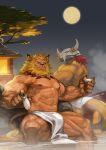  abs absurd_res anthro armor biceps bottomwear clothed clothing digimon digimon_(species) felid fur group hair headgear helmet hi_res hot_spring leomon male mammal moon muscular muscular_anthro muscular_male night nipples outside pecs sky steam topless traver009 wargreymon water 