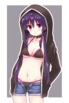  1girl bangs bikini black_bikini black_choker black_jacket black_shorts border breasts choker cleavage closed_mouth collarbone contrapposto cowboy_shot denim denim_shorts ebisuzawa_kurumi frown gakkou_gurashi! groin hair_between_eyes hands_in_pockets highres hood hood_up hooded_jacket jacket long_hair ma_tsukasa medium_breasts navel open_clothes open_jacket open_shorts outside_border purple_hair red_eyes shiny shiny_hair short_shorts shorts solo standing swimsuit thigh_gap twintails underboob very_long_hair white_border 