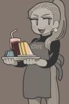  1girl apron black_background black_shirt cup drinking_straw food gashi-gashi highres holding holding_tray long_hair long_sleeves no_nose open_mouth original plate ponytail sandwich shirt simple_background smirk solo spot_color tray 