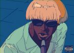  1boy absurdres aqua_jacket bangs blonde_hair bowl_cut cogecha dark_skin dark_skinned_male flat_color highres jacket ligne_claire real_life sailor_moon_redraw_challenge shadow short_hair solo suit_jacket sunglasses tyler_the_creator 