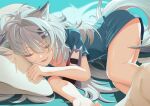  1girl :3 absurdres alternate_costume animal_ears arknights blue_shirt character_doll closed_eyes commentary fang feet_out_of_frame grey_hair hair_ornament hairclip highres lappland_(arknights) long_hair lying messy_hair on_side open_mouth pillow shirt sleeping solo tail texas_(arknights) wolf_ears wolf_girl wolf_tail yuu_(yuu_yu) 