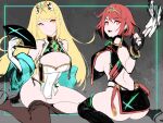  2girls alternate_costume black_legwear blonde_hair boots breasts china_dress chinese_clothes dress highres large_breasts multiple_girls mythra_(xenoblade) pantyhose pyra_(xenoblade) red_eyes red_hair robot_cat sideboob thigh_boots thighhighs xenoblade_chronicles_(series) xenoblade_chronicles_2 yellow_eyes 