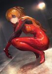  1girl blue_eyes bodysuit eyepatch hand_on_own_face highres interface_headset lips long_hair looking_at_viewer neon_genesis_evangelion plugsuit rebuild_of_evangelion red_bodysuit red_hair shikinami_asuka_langley shiny shiny_clothes shirataki_jiro solo souryuu_asuka_langley squatting 