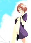  1girl bad_id bad_pixiv_id breasts brown_hair cameltoe cleft_of_venus copyright_request medium_breasts nekoge nipples open_clothes pussy pussy_juice short_hair simple_background smile tsurime 