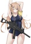  1girl absurdres arms_behind_head bangs blue_swimsuit blush breasts brown_eyes closed_mouth collarbone covered_navel eyebrows_visible_through_hair girls_frontline gun h&amp;k_ump highres light_brown_hair long_hair looking_at_viewer medium_breasts one_eye_closed rynn_(rynn_cube) school_swimsuit solo standing submachine_gun swimsuit twintails ump9_(girls_frontline) weapon white_background 