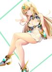  absurdres bangs bare_legs bare_shoulders blonde_hair breasts chest_jewel cleavage_cutout clothing_cutout daive dress earrings elbow_gloves gloves highres jewelry large_breasts long_hair mythra_(xenoblade) short_dress swept_bangs thigh_strap tiara very_long_hair white_dress white_footwear white_gloves xenoblade_chronicles_(series) xenoblade_chronicles_2 yellow_eyes 