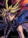  1boy artist_name black_hair black_shirt blonde_hair blue_jacket bright_pupils chain chain_necklace closed_mouth commentary_request highres jacket jacket_on_shoulders male_focus red_eyes shirt smile solo soya_(sys_ygo) spiked_hair upper_body white_pupils yami_yuugi yu-gi-oh! 