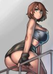  1girl absurdres ass bare_shoulders black_gloves breasts brown_hair commentary fingerless_gloves gloves highres huge_breasts jill_valentine kelvin_hiu large_breasts railing resident_evil resident_evil_3 short_hair sitting skindentation skirt solo thick_thighs thighs 