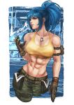  1girl abs absurdres ammunition_pouch armlet bare_shoulders belt biceps blue_eyes blue_hair breasts camouflage camouflage_pants character_name dog_tags earrings eyes gloves highres jewelry large_breasts leona_heidern midriff military military_uniform monori_rogue muscular muscular_female pants ponytail pouch sleeveless solo standing tank_top the_king_of_fighters the_king_of_fighters_xiv the_king_of_fighters_xv triangle_earrings uniform white_background yellow_tank_top 