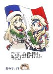  3girls aqua_eyes asparagus bangs beret blonde_hair blue_hair commandant_teste_(kancolle) dress flag food french_flag gloves hair_between_eyes hat highres holding i-26_(kancolle) kantai_collection light_brown_hair long_hair mole mole_under_eye mole_under_mouth multicolored_hair multiple_girls open_mouth pom_pom_(clothes) red_hair richelieu_(kancolle) scarf seiran_(mousouchiku) simple_background sleeveless sleeveless_dress smile translation_request two_side_up vegetable white_background white_hair 