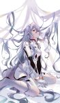  1girl absurdres arutera ayanami_rei banned_artist bodysuit from_side hair_between_eyes highres long_hair looking_at_viewer neon_genesis_evangelion red_eyes silver_hair sitting very_long_hair wariza white_bodysuit 