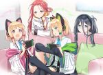  4girls abe_kanari arisu_(blue_archive) blonde_hair blue_archive blue_eyes blurry blurry_background commentary_request couch dark_blue_hair green_eyes hair_between_eyes hair_ribbon halo headband long_hair midori_(blue_archive) momoi_(blue_archive) multiple_girls open_mouth red_eyes red_hair ribbon short_hair sitting wall yuzu_(blue_archive) 