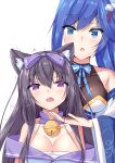  2girls absurdres animal_ears arashio_(azur_lane) azur_lane bangs bell black_hair blue_eyes blue_hair bow breasts cat_ears cleavage commentary_request detached_collar detached_sleeves eyebrows_visible_through_hair eyes_visible_through_hair fox_ears hair_bow hair_ornament hair_ribbon highres japanese_clothes jintsuu_(azur_lane) large_breasts long_hair multiple_girls natie open_mouth ponytail purple_eyes ribbon sidelocks simple_background twitching_penis visible_air white_background wide_sleeves 