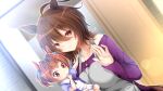  2girls absurdres agnes_tachyon_(umamusume) ahoge animal_ears apron bangs blue_bow blue_shirt blurry blurry_background blush bow breasts brown_hair closed_mouth collarbone commentary_request daiwa_scarlet_(umamusume) depth_of_field dutch_angle eyebrows_visible_through_hair grey_apron hair_between_eyes hand_up highres horse_ears horse_girl horse_tail long_sleeves medium_breasts multiple_girls pleated_skirt puffy_short_sleeves puffy_sleeves purple_shirt red_eyes ryochapu school_uniform shirt short_sleeves short_twintails skirt sleeves_past_wrists smile tail tiara tracen_school_uniform twintails umamusume white_skirt younger 