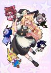  6+girls alice_margatroid animal_ear_fluff animal_ears apron bangs black_eyes black_skirt black_vest blonde_hair blouse blue_dress blue_footwear blue_hair blush boots bow box brown_footwear brown_hair bunny_ears bunny_tail capelet chibi closed_eyes closed_mouth colored_skin commentary_request cookie_(touhou) cow_ears cow_horns cow_tail deer_antlers deer_tail detached_sleeves dress english_text eyebrows_visible_through_hair flour_(cookie) food_themed_hair_ornament fox_ears fox_tail frilled_apron frilled_bow frilled_capelet frilled_dress frilled_hair_tubes frills full_body green_footwear green_skirt green_vest grey_hair hair_bow hair_ornament hair_tubes hairband hakurei_reimu hat heart-shaped_box highres hood horns ichigo_(cookie) kemonomimi_mode kirisame_marisa kumoi_ichirin long_hair long_sleeves looking_at_viewer medium_hair milk_(cookie) mouse_ears mouse_tail multiple_girls murasa_minamitsu nazrin neckerchief nyon_(cookie) odenoden open_mouth outstretched_arms pink_apron pink_hairband pink_neckwear pink_sash puffy_short_sleeves puffy_sleeves raccoon_ears raccoon_tail red_bow red_eyes rurima_(cookie) sailor_hat sash second-party_source shirt shoes short_hair short_sleeves shorts skirt smile star_(symbol) strawberry_hair_ornament suzu_(cookie) tail touhou vest waist_apron white_apron white_blouse white_capelet white_shirt white_shorts white_skin white_sleeves |d 