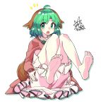  1girl animal_ears barefoot bloomers commentary dog_ears dog_tail eyebrows_visible_through_hair folded full_body green_eyes green_hair kasodani_kyouko legs_up long_sleeves looking_at_viewer open_mouth short_hair signature simple_background soles solo tail touhou umigarasu_(kitsune1963) underwear white_background 