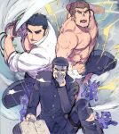  3boys abs bara blood blood_on_face book chest_hair creature cutiebell dark_skin dark_skinned_male denim facial_hair fighting_stance gakuran glasses hairy highres holding holding_book holding_sword holding_weapon jeans kengo_(tokyo_houkago_summoners) large_pectorals long_sideburns looking_at_viewer male_cleavage male_focus master_3_(tokyo_houkago_summoners) mature_male multiple_boys muscular muscular_male navel_hair nipples pants partially_unbuttoned pectorals school_uniform shiro_(tokyo_houkago_summoners) shirt shirtless short_hair sideburns spiked_hair stomach stubble sword thick_eyebrows tokyo_houkago_summoners weapon white_shirt 