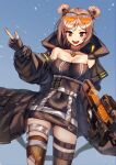  1girl absurdres bare_shoulders black_gloves black_jacket black_legwear breasts bullpup candy choker cleavage collarbone double_bun eyebrows_visible_through_hair eyewear_on_head feet_out_of_frame food from_below girls_frontline gloves gun highres holding holding_weapon huge_filesize jacket light_brown_hair looking_at_viewer medium_breasts medium_hair off_shoulder open_clothes open_jacket open_mouth p90 p90_(girls_frontline) partially_fingerless_gloves red_eyes simple_background smile solo standing submachine_gun thighhighs torn_clothes torn_legwear v weapon xanax025 