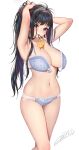  1girl armpits arms_up bangs bare_hips bare_legs bare_shoulders black_hair bra breasts cleavage curvy hands_in_hair large_breasts lingerie looking_at_viewer masami_chie navel original ponytail shiny shiny_skin smile solo tying_hair underboob underwear undone_bra 